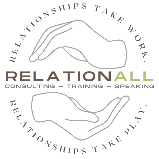 RelationAll seal: two open hands around the wordmark and the words consulting, training, speaking, ringed by Relationships take work. Relationships take play.